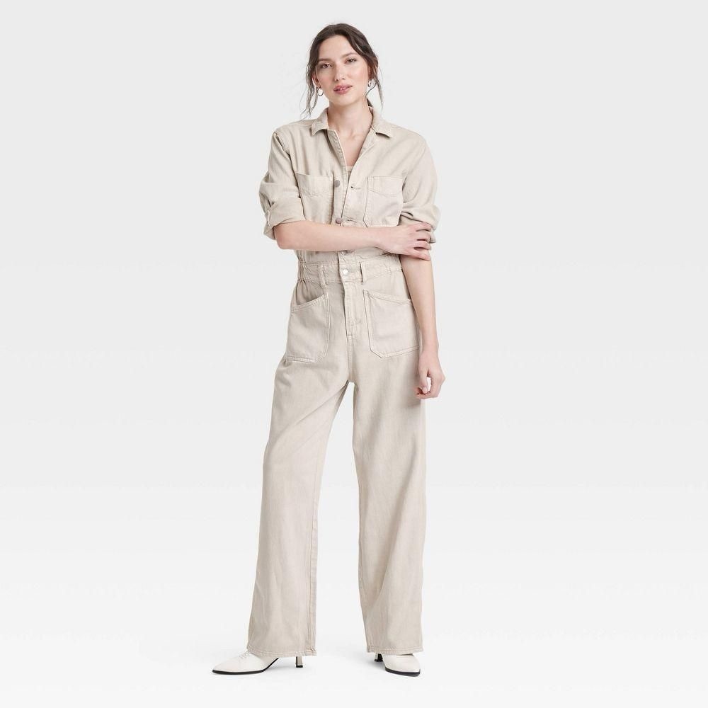 Women’s Denim Jumpsuit Universal Thread Baggy Painters Jumper Cotton Beige NWT